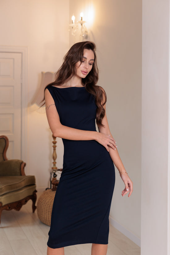 Felice Midi Dress with Slit – Navy Blue