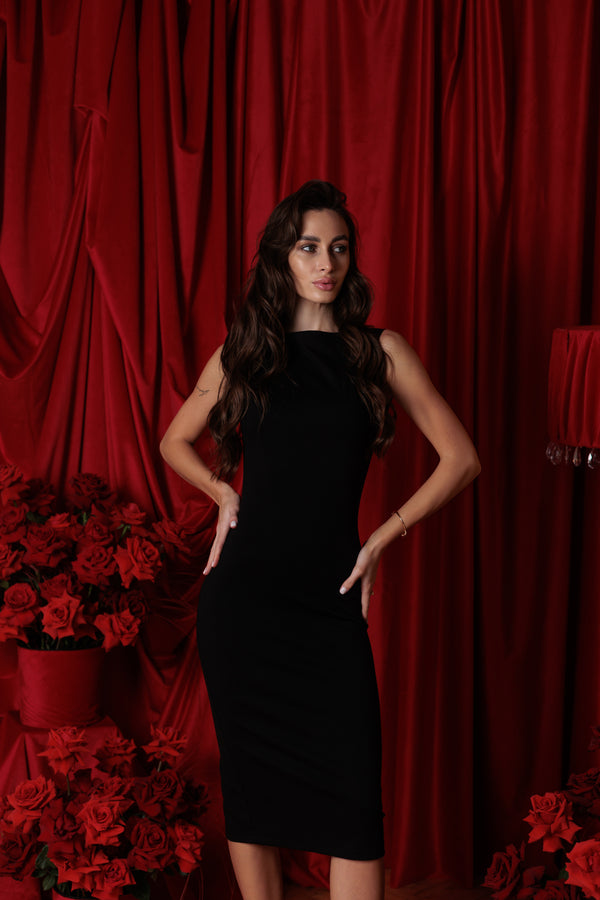 Felice Midi Dress with Slit – Black