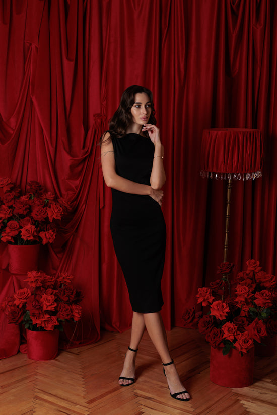 Felice Midi Dress with Slit – Black
